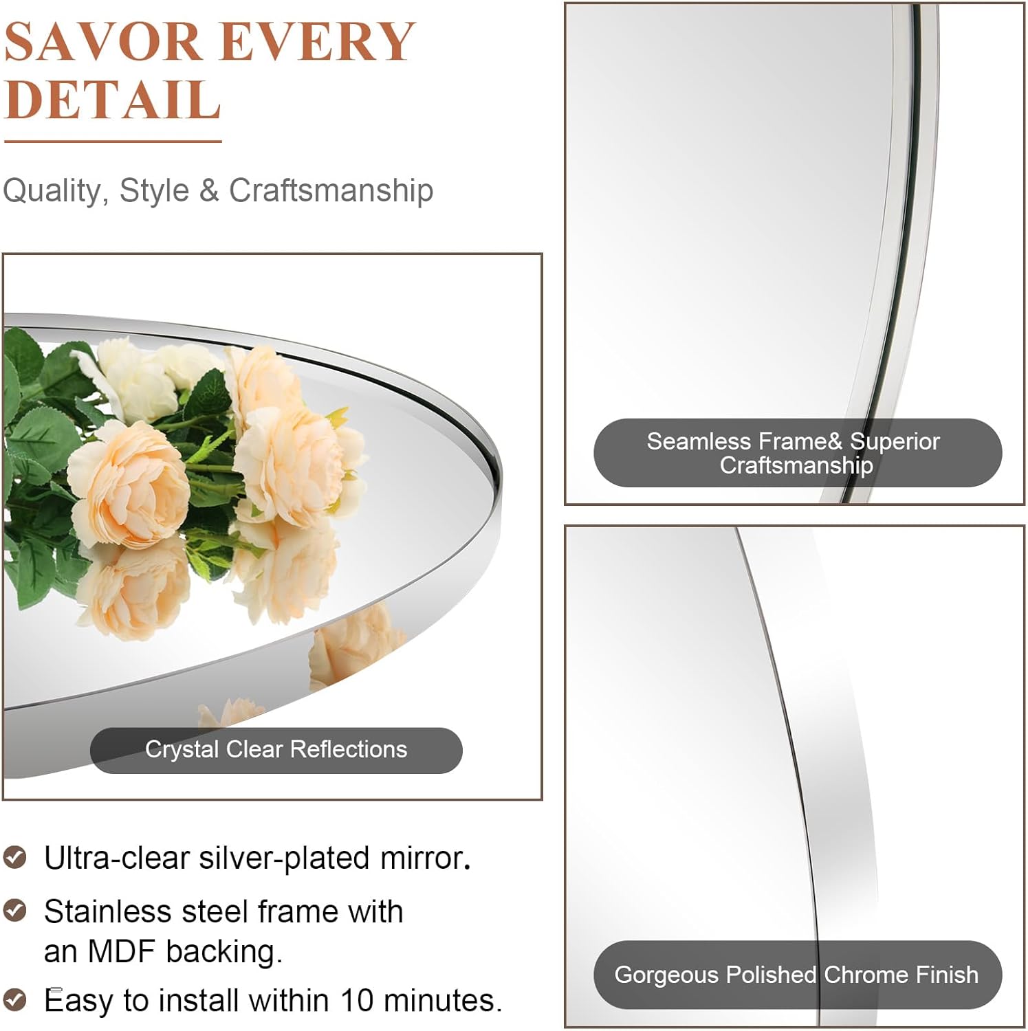 ANDY STAR Chrome Mirror, 22 x 35 Inch Arch Mirror in Stainless Steel Metal Frame, Chrome Arched Bathroom Mirror, Arch Top Rounded Corner 1 Inch Deep Set Design Wall Mount Hangs Vertical